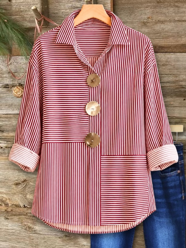 Striped Patchwork Button-Up Tunic Shirt