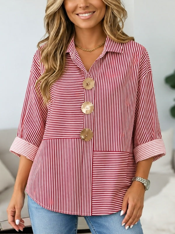 Striped Patchwork Button-Up Tunic Shirt