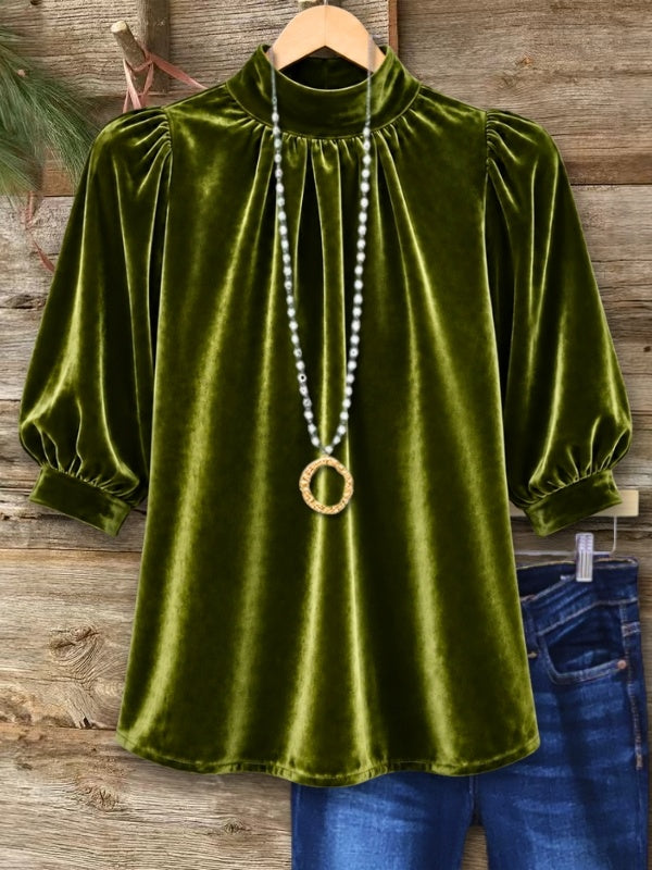 Velvet Mock Neck Puff Sleeve Top