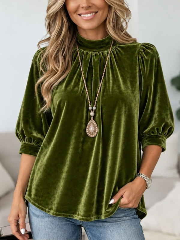 Velvet Mock Neck Puff Sleeve Top