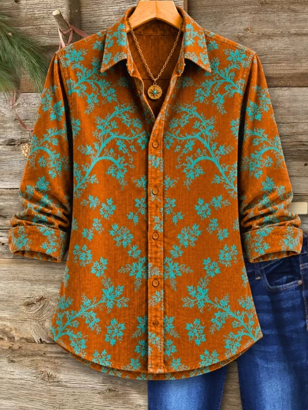 Floral Print Corduroy Button-Up Tunic Shirt