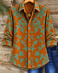 Floral Print Corduroy Button-Up Tunic Shirt