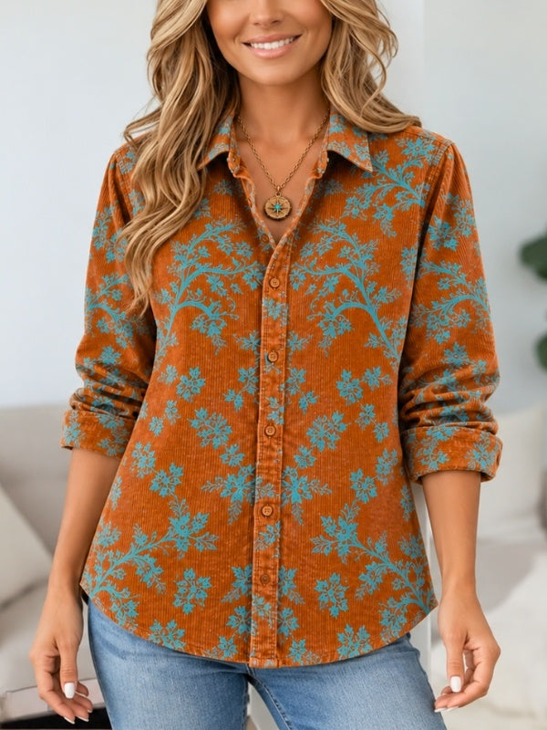 Floral Print Corduroy Button-Up Tunic Shirt