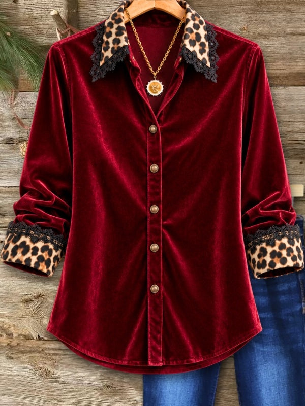 Leopard Patchwork Velvet Lace Trim Shirt