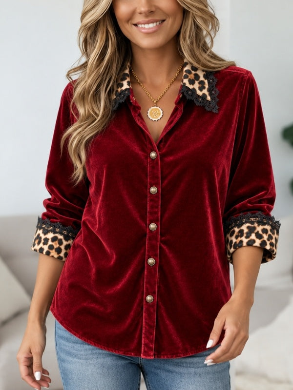 Leopard Patchwork Velvet Lace Trim Shirt