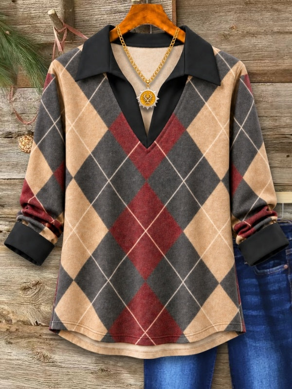 Argyle Print Collared V-Neck Tunic Top