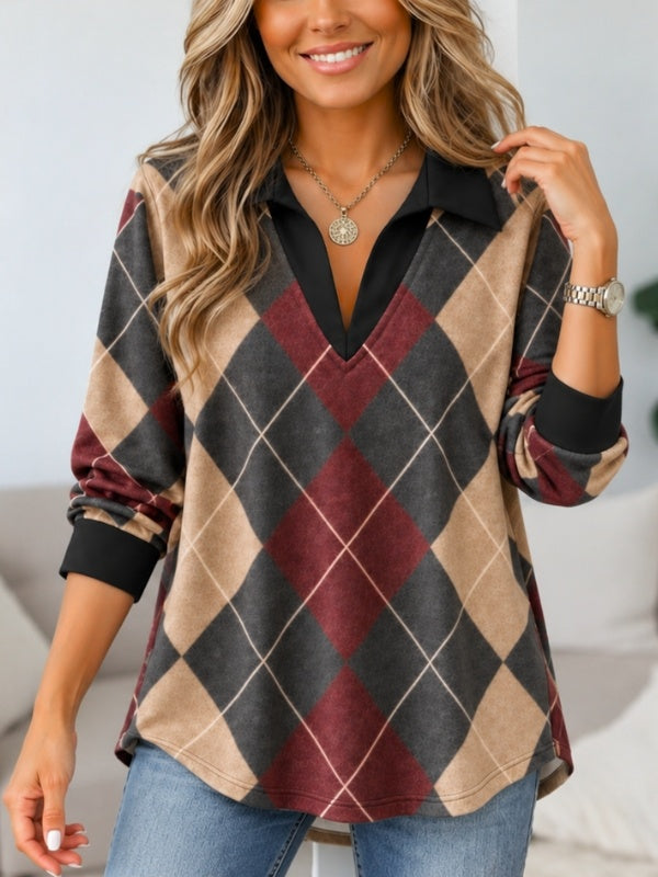 Argyle Print Collared V-Neck Tunic Top