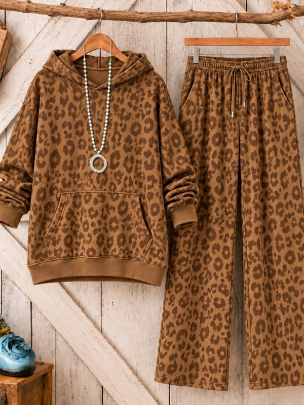 Fleece Leopard Print Hoodie Set