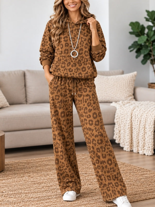 Fleece Leopard Print Hoodie Set