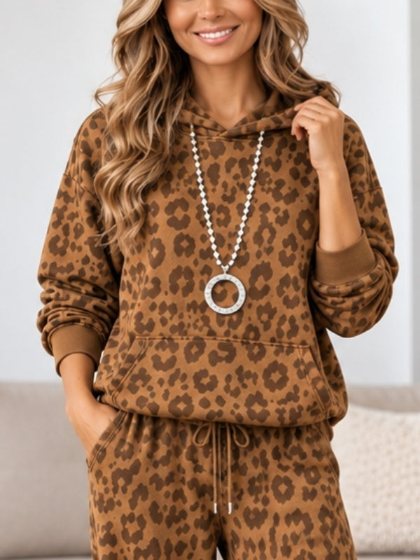 Fleece Leopard Print Hoodie Set