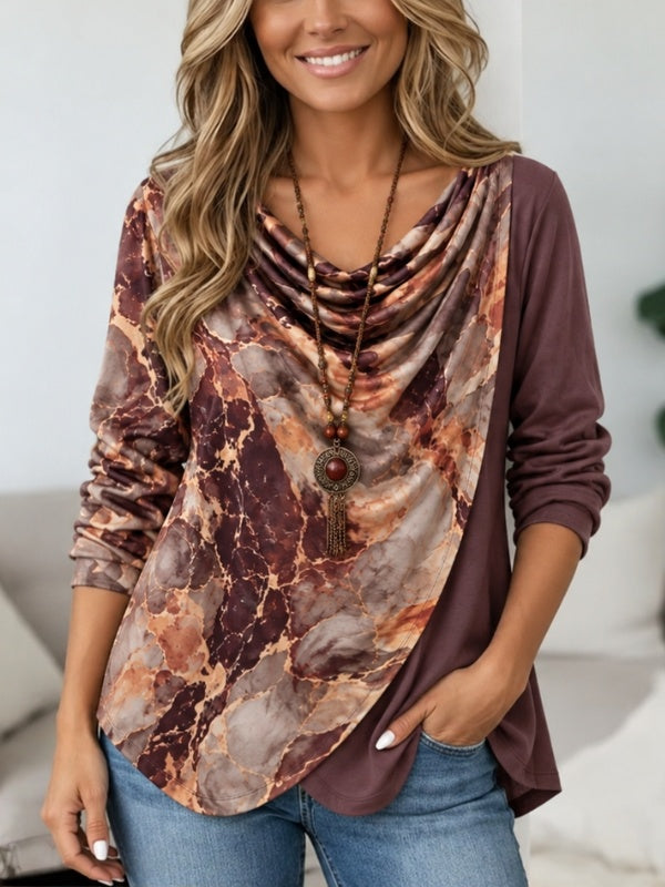 Marble Print Cowl Neck Tunic Top