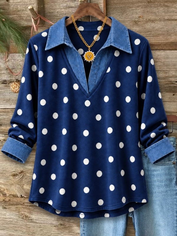Polka Dot Denim Collar Casual Top