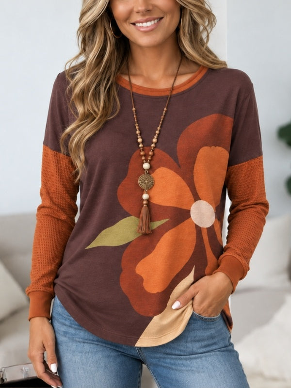 Floral Print Waffle Sleeve Top