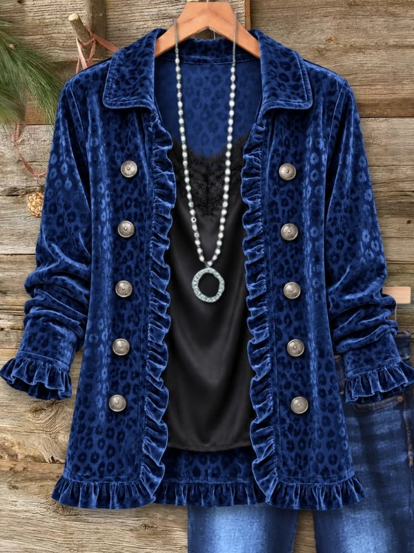 Leopard Velvet Ruffle Trim Jacket