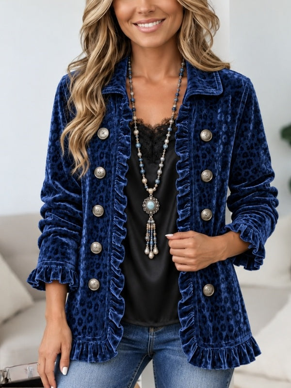 Leopard Velvet Ruffle Trim Jacket
