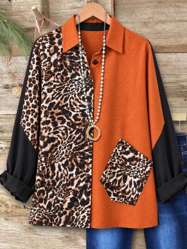Leopard Print Patchwork Collared Shirt