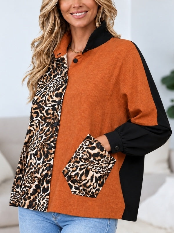 Leopard Print Patchwork Collared Shirt