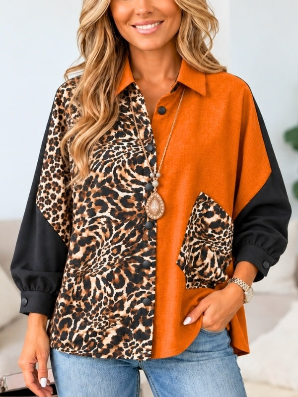 Leopard Print Patchwork Collared Shirt