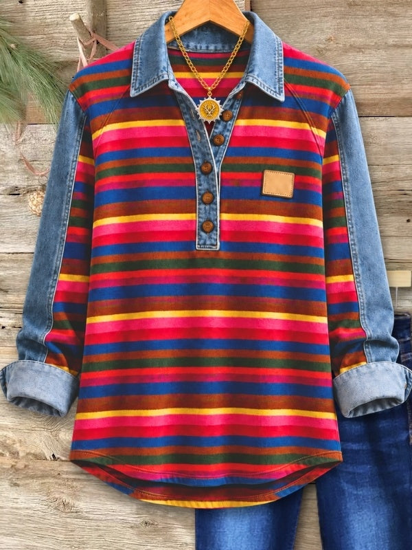 Striped Denim Patchwork Henley Tunic