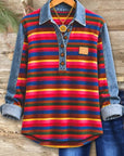 Striped Denim Patchwork Henley Tunic
