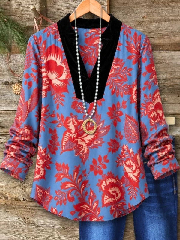Floral Print Velvet Trim V-Neck Tunic