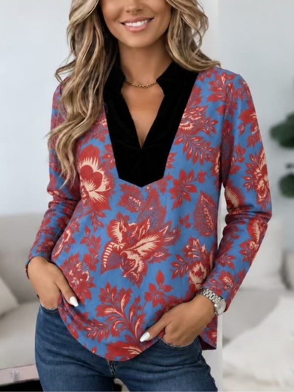 Floral Print Velvet Trim V-Neck Tunic