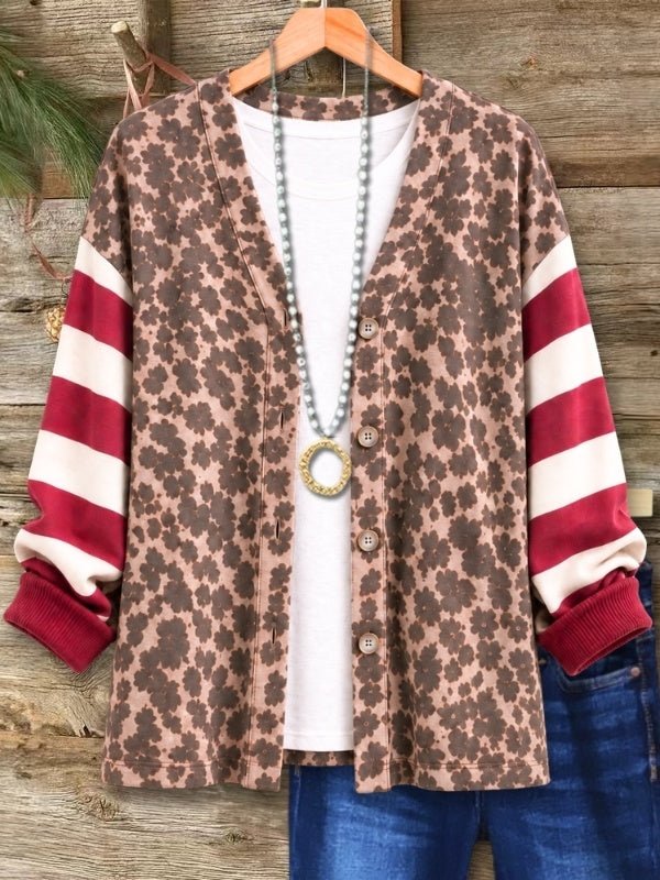 Leopard Print Striped Sleeve Patchwork Cardigan