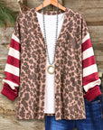 Leopard Print Striped Sleeve Patchwork Cardigan