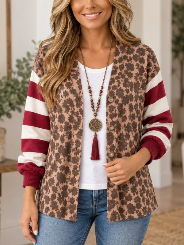 Leopard Print Striped Sleeve Patchwork Cardigan