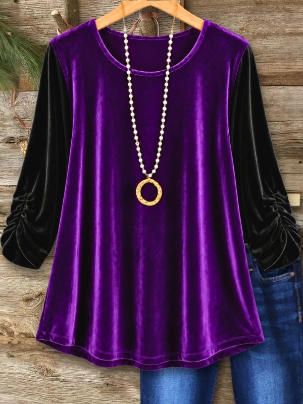 Velvet Color Block Ruched Sleeve Tunic
