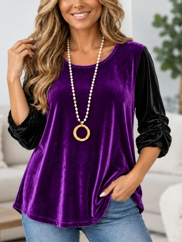Velvet Color Block Ruched Sleeve Tunic
