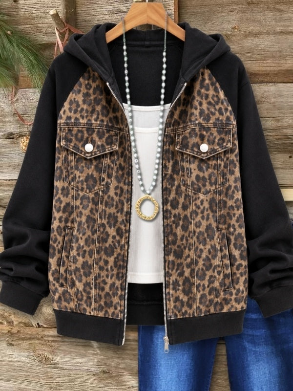 Leopard Print Patchwork Hooded Zip Jacket