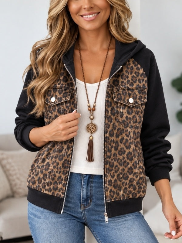 Leopard Print Patchwork Hooded Zip Jacket