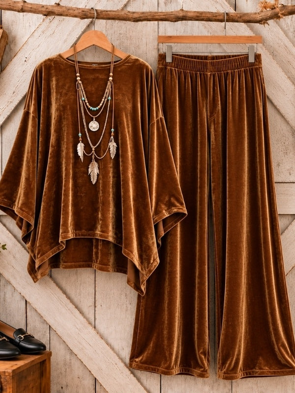 Velvet Poncho Top &amp; Wide Leg Pants Set