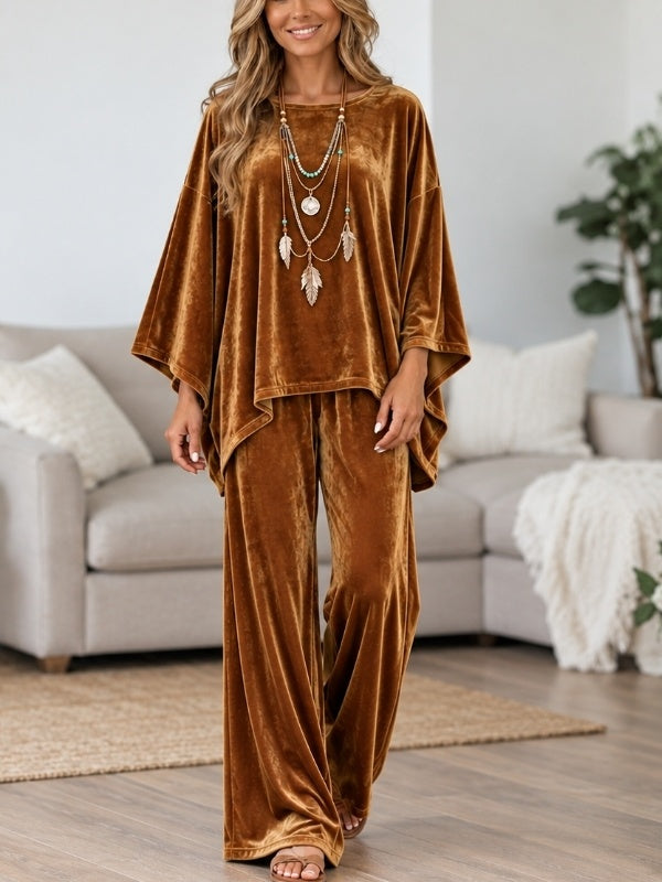Velvet Poncho Top &amp; Wide Leg Pants Set