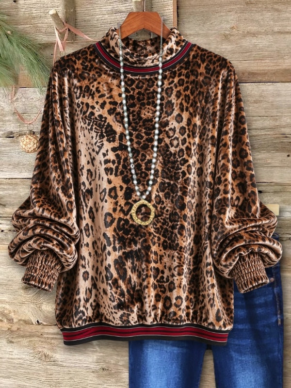 Fleece-Lined Leopard Velvet Mock Neck Top