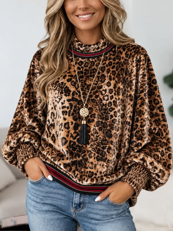Fleece-Lined Leopard Velvet Mock Neck Top