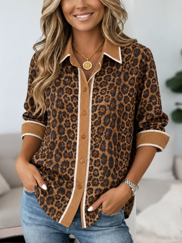 Leopard Print Contrast Collar Tunic Shirt