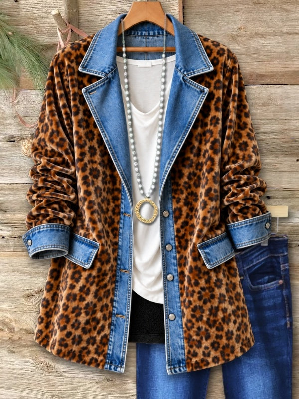 Fleece-Lined Leopard Velvet Denim Patchwork Tunic Jacket