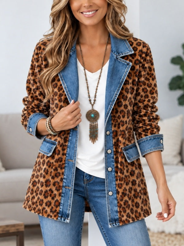 Fleece-Lined Leopard Velvet Denim Patchwork Tunic Jacket
