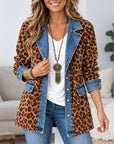 Fleece-Lined Leopard Velvet Denim Patchwork Tunic Jacket