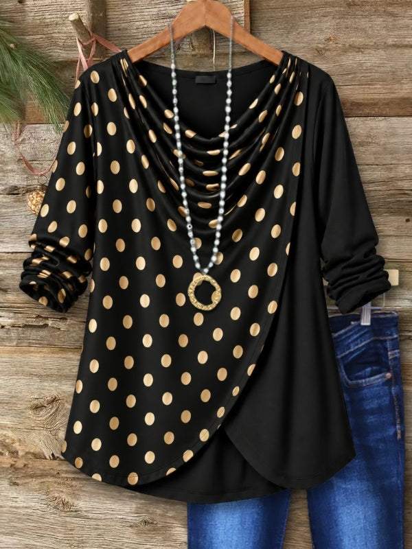 Polka Dot Draped Neck Patchwork Top