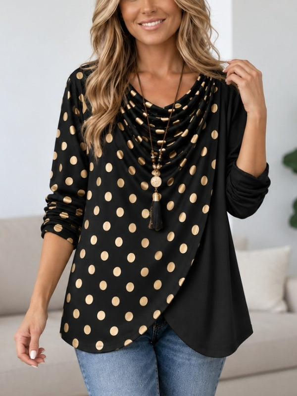 Polka Dot Draped Neck Patchwork Top