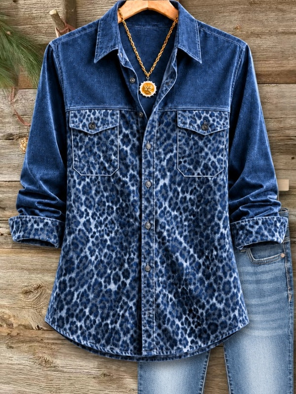 Animal Print Patchwork Velvet Button-Up Shirt