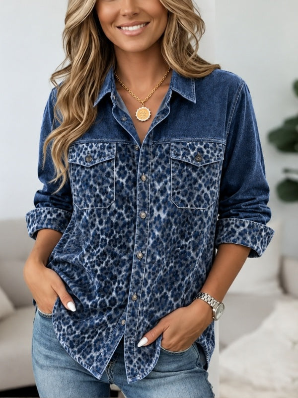 Animal Print Patchwork Velvet Button-Up Shirt