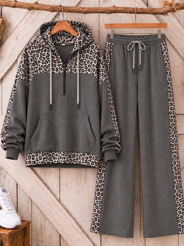 Leopard Patchwork Fleece-Lined Hoodie Set