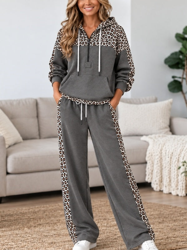 Leopard Patchwork Fleece-Lined Hoodie Set