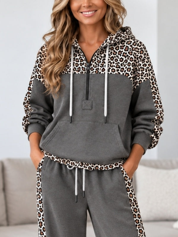 Leopard Patchwork Fleece-Lined Hoodie Set