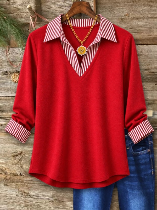 Striped Collar V-Neck Brushed Tunic Top