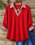Striped Collar V-Neck Brushed Tunic Top
